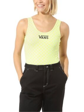 Vans Neon Yellow Checkerboard Bodysuit Logo Tank Top Women’s XS